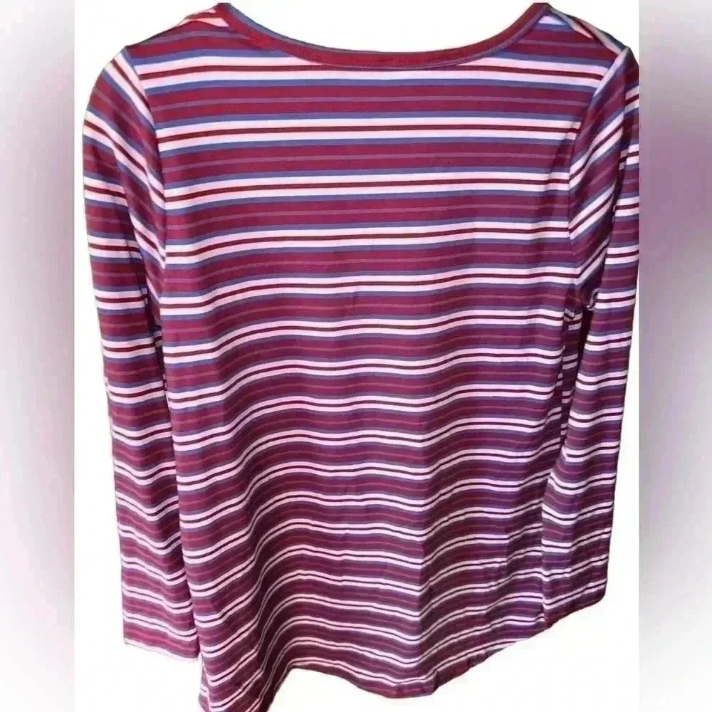 Lularoe medium stripe long sleeve Lynnae top.‎ Burgundy, blue, pink stripe. NWT. - Picture 2 of 8